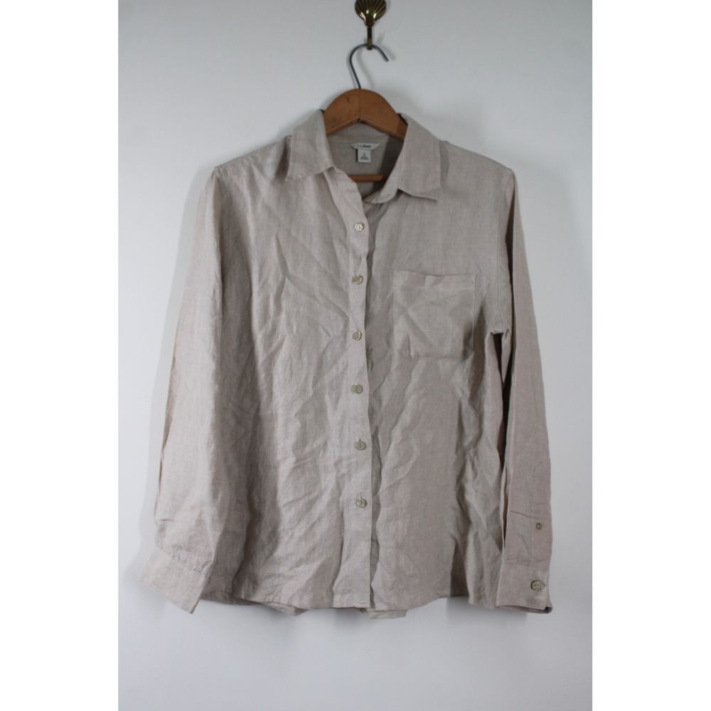L.L. Bean SP Natural Beige Linen Button Down Shirt Long Sleeve 276142